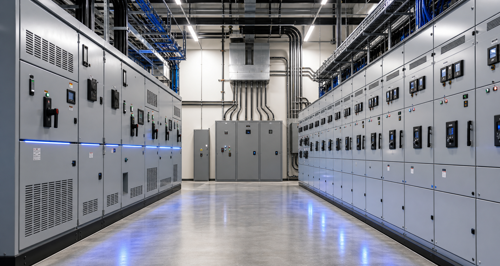Electrical room with high-voltage switchgear and power distribution panels